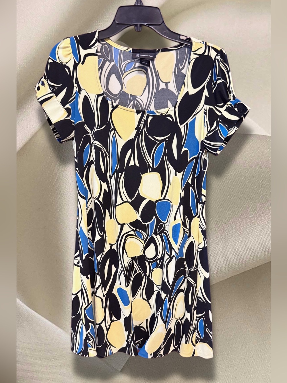 INC International Concepts Scoop Neck Abstract Dress - Black, Blue & Yellow